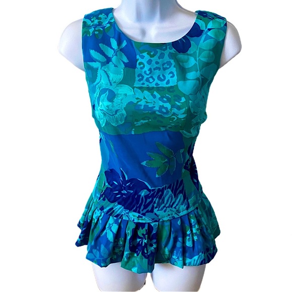 John Roberts Blue & Green Floral Peplum Blouse Top Ruffle Detail Back Size US 10 - Picture 3 of 7